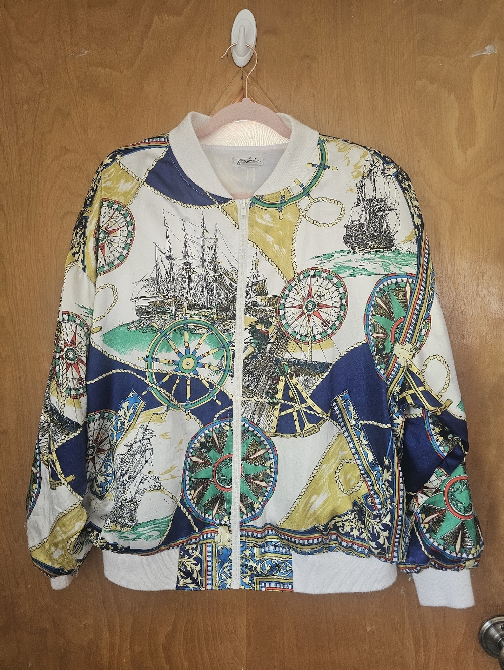 Vintage Gloria Vanderbilt Activewear Nautical Print Bomber Jacket 1980s/1990s. L